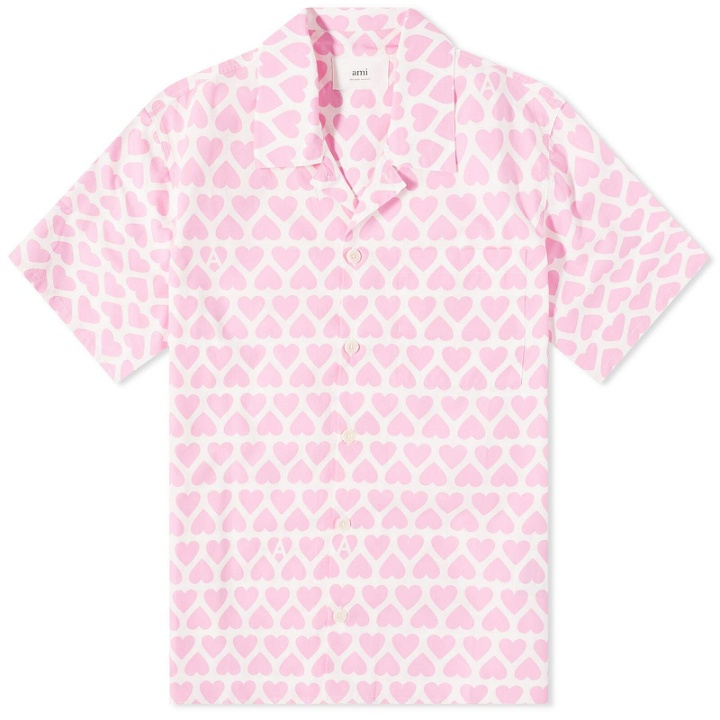 Photo: AMI Men's Heart Print Vacation Shirt in Candy Pink/White