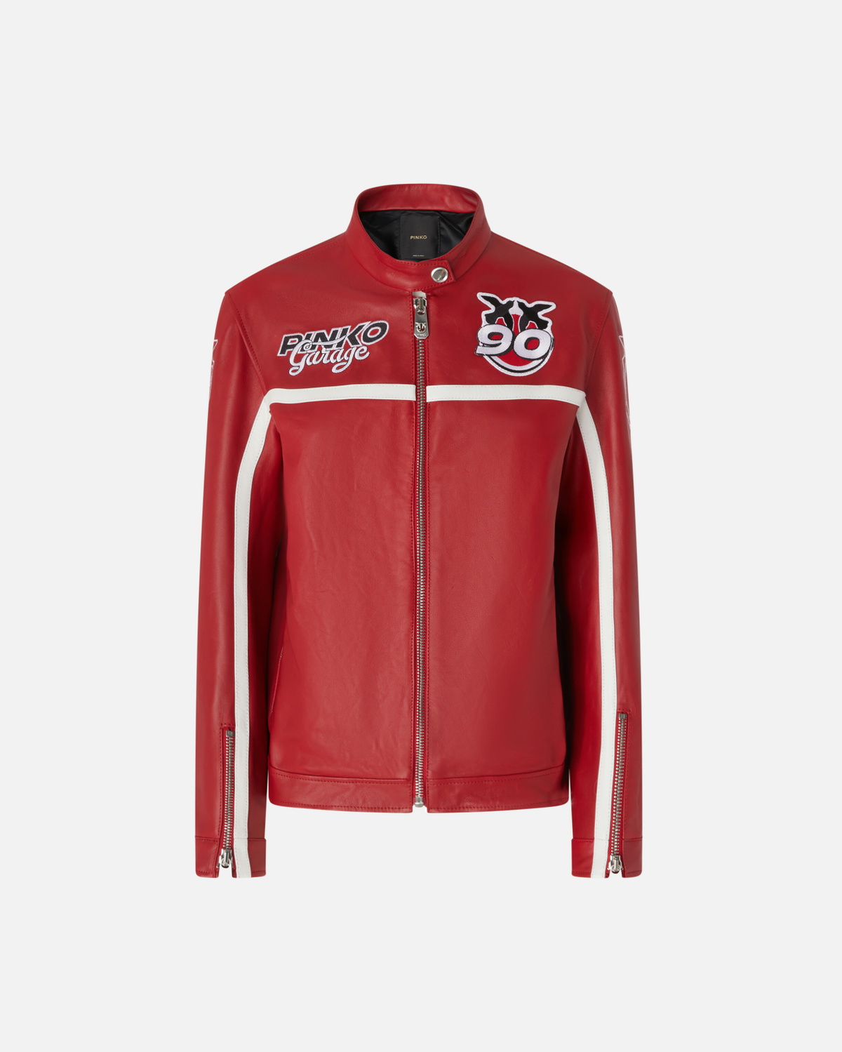 Pinko Racing Style Leather Biker Jacket Salsa Red