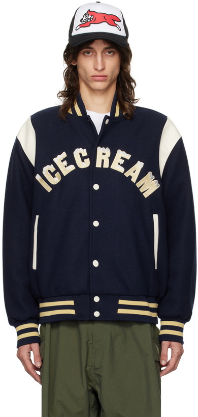 Photo: ICECREAM Navy Drippy Varsity Bomber Jacket