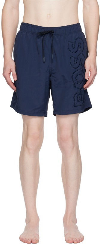 Photo: BOSS Navy Embroidered Swim Shorts