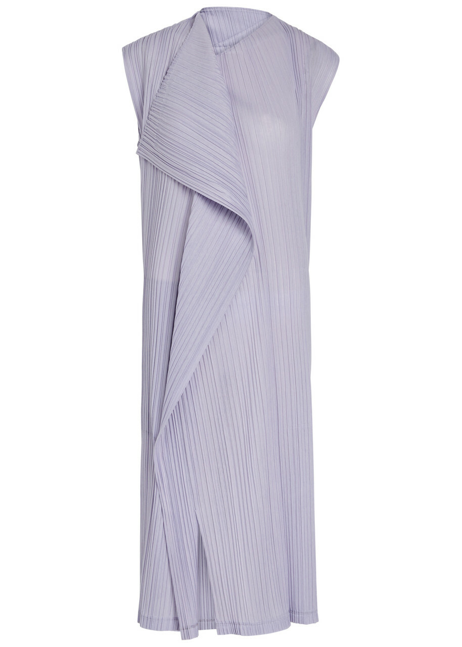 Pleats Please Issey Miyake Pleated Draped Woven Midi Dress Light Purple