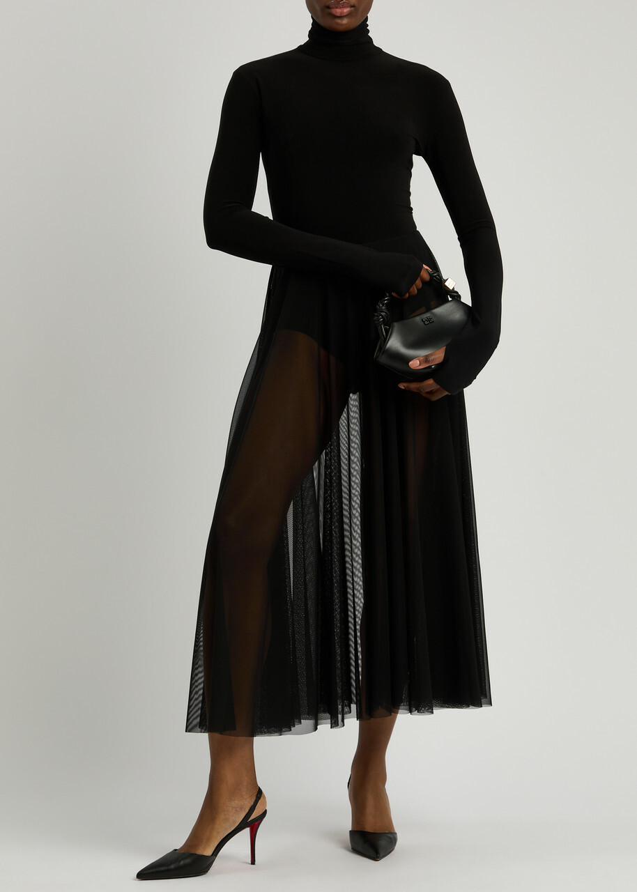 Norma Kamali Semi-sheer Mesh and Jersey Midi Dress Black