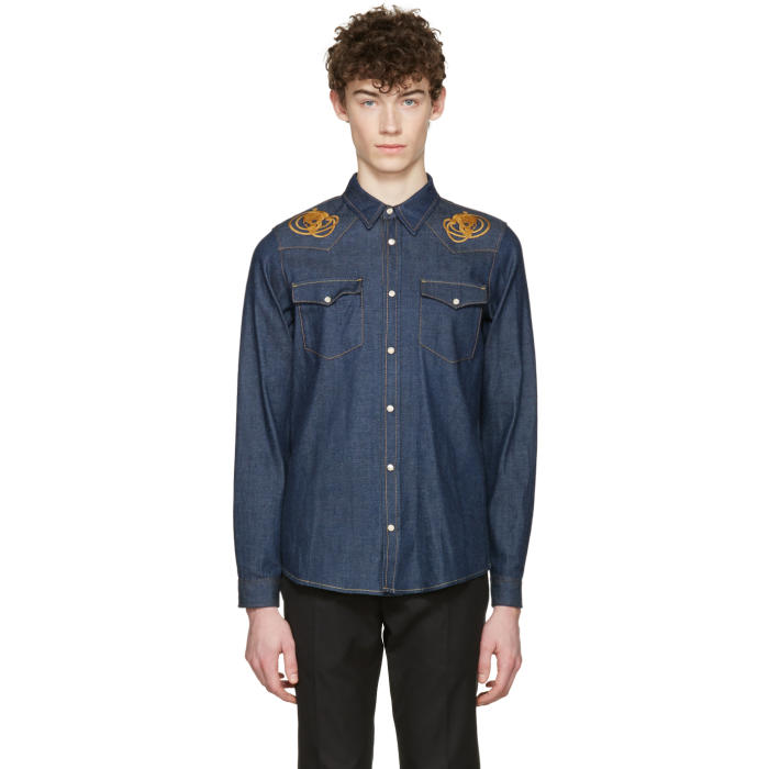 Photo: Alexander McQueen Indigo Embroidered Skulls Denim Shirt