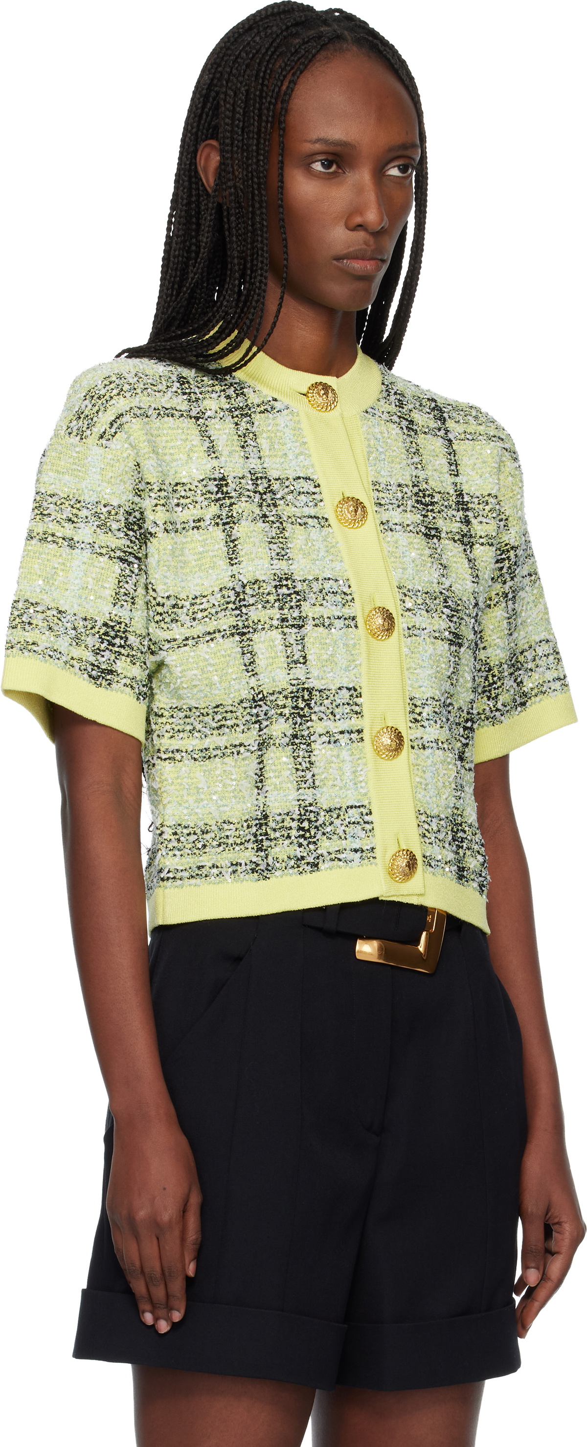 BALMAIN Yellow Buttoned Shiny Light Tweed Cardigan
