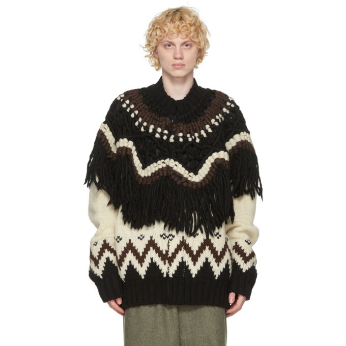 Photo: Sacai Beige and Black Nordic Knit Zip-Up Sweater