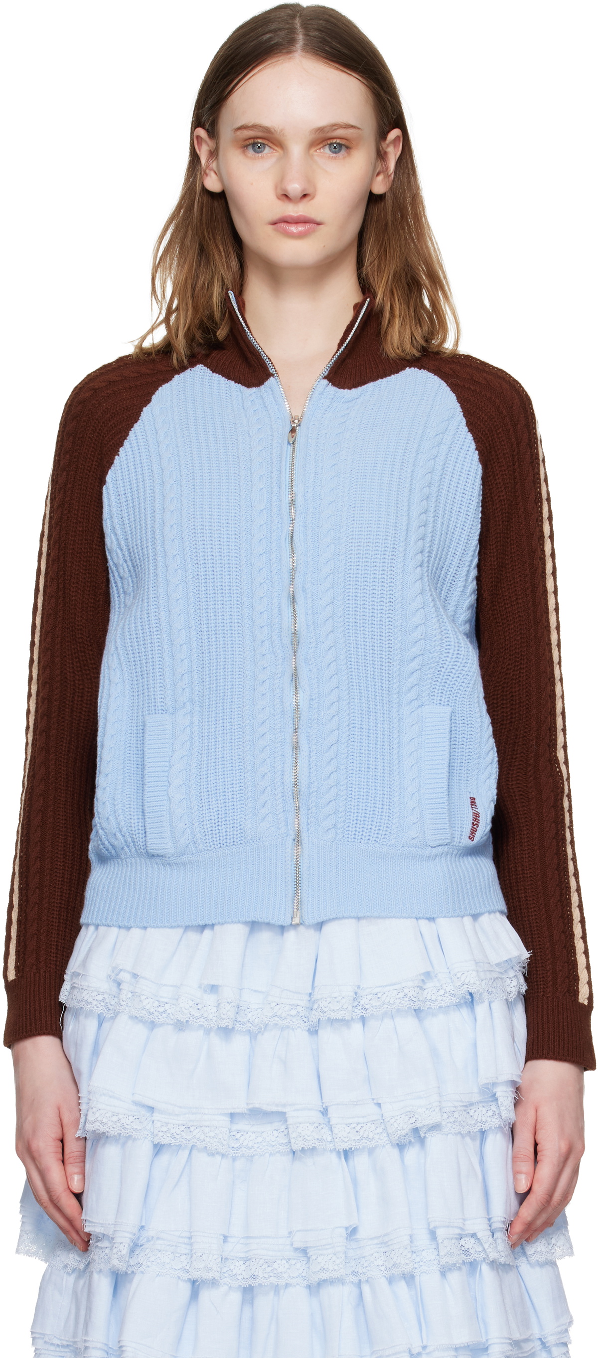 SHUSHU/TONG Blue & Brown Color-Block Raglan Sleeve Knit Cardigan