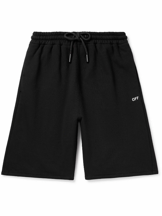 Photo: Off-White - Straight-Leg Logo-Print Embroidered Cotton-Jersey Drawstring Shorts - Black