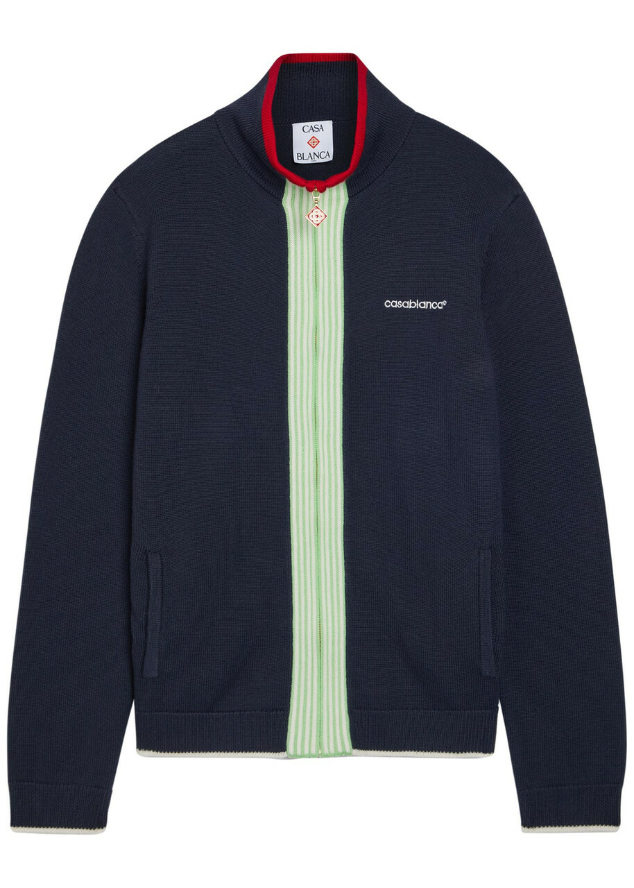 Casablanca Logo-embroidered Fine-knit Wool Track Jacket Navy