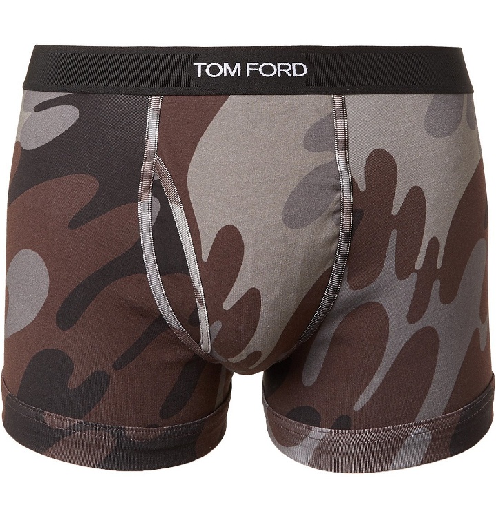 Photo: TOM FORD - Camouflage-Print Stretch-Cotton Jersey Boxer Briefs - Brown