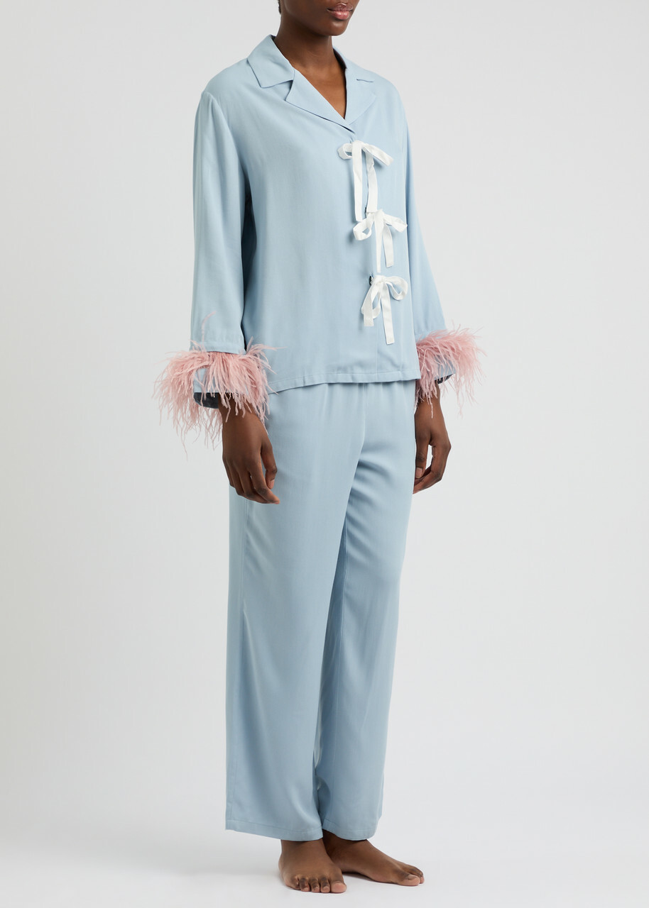 Sleeper The Bow Feather-trimmed Twill Pyjama set Light Blue