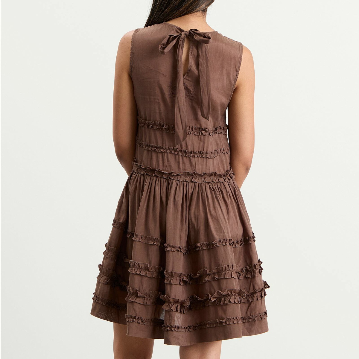Damson Madder Women's Reed Drop Waist Ruffle Midi Dress in Choc
