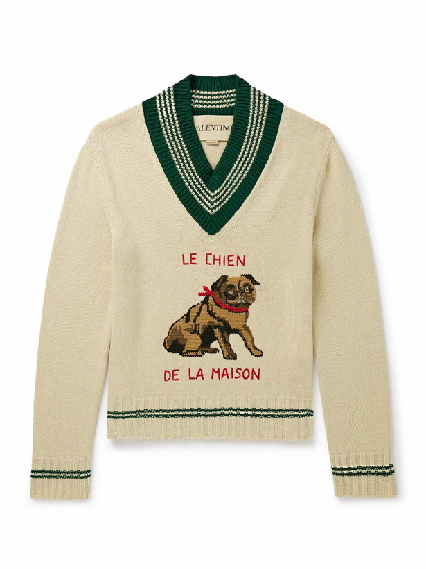 Photo: Valentino Garavani - Embroidered Striped Jacquard-Knit Virgin Wool Sweater - Neutrals