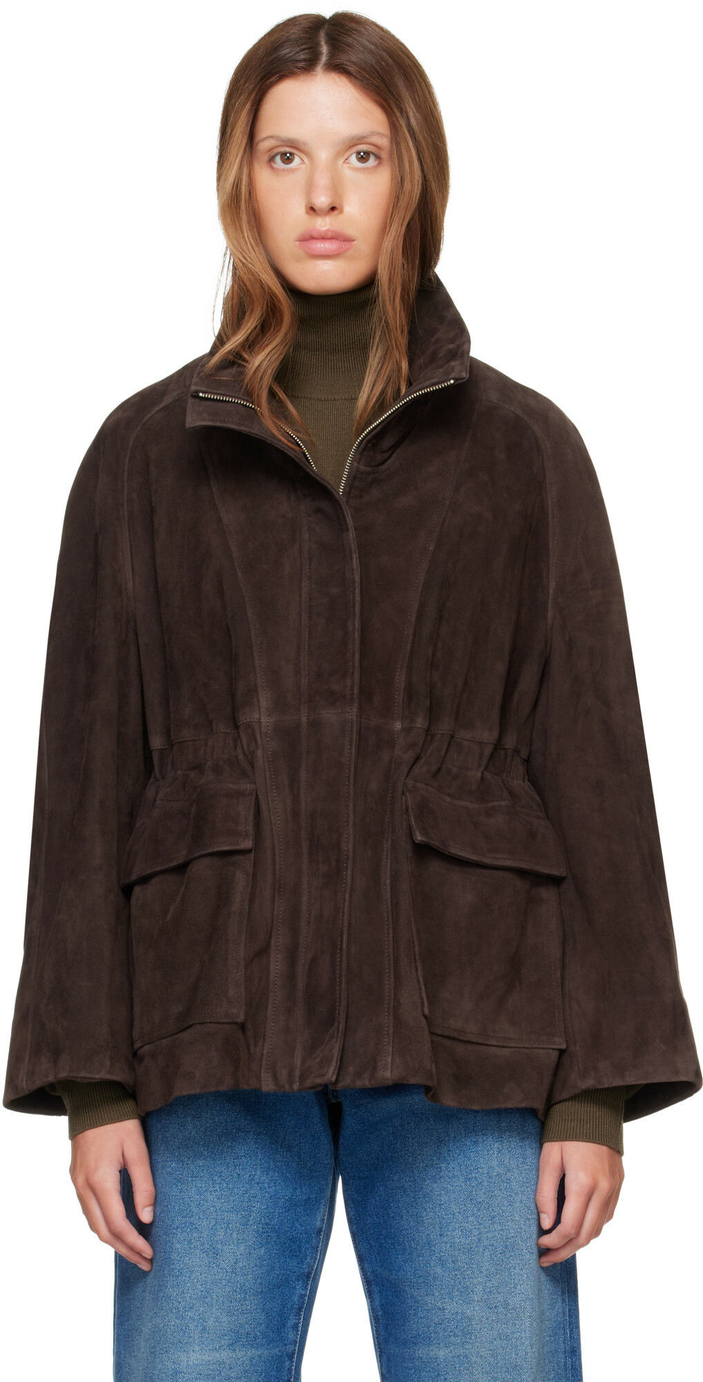 Nour Hammour Brown Quai Funnel Leather Jacket