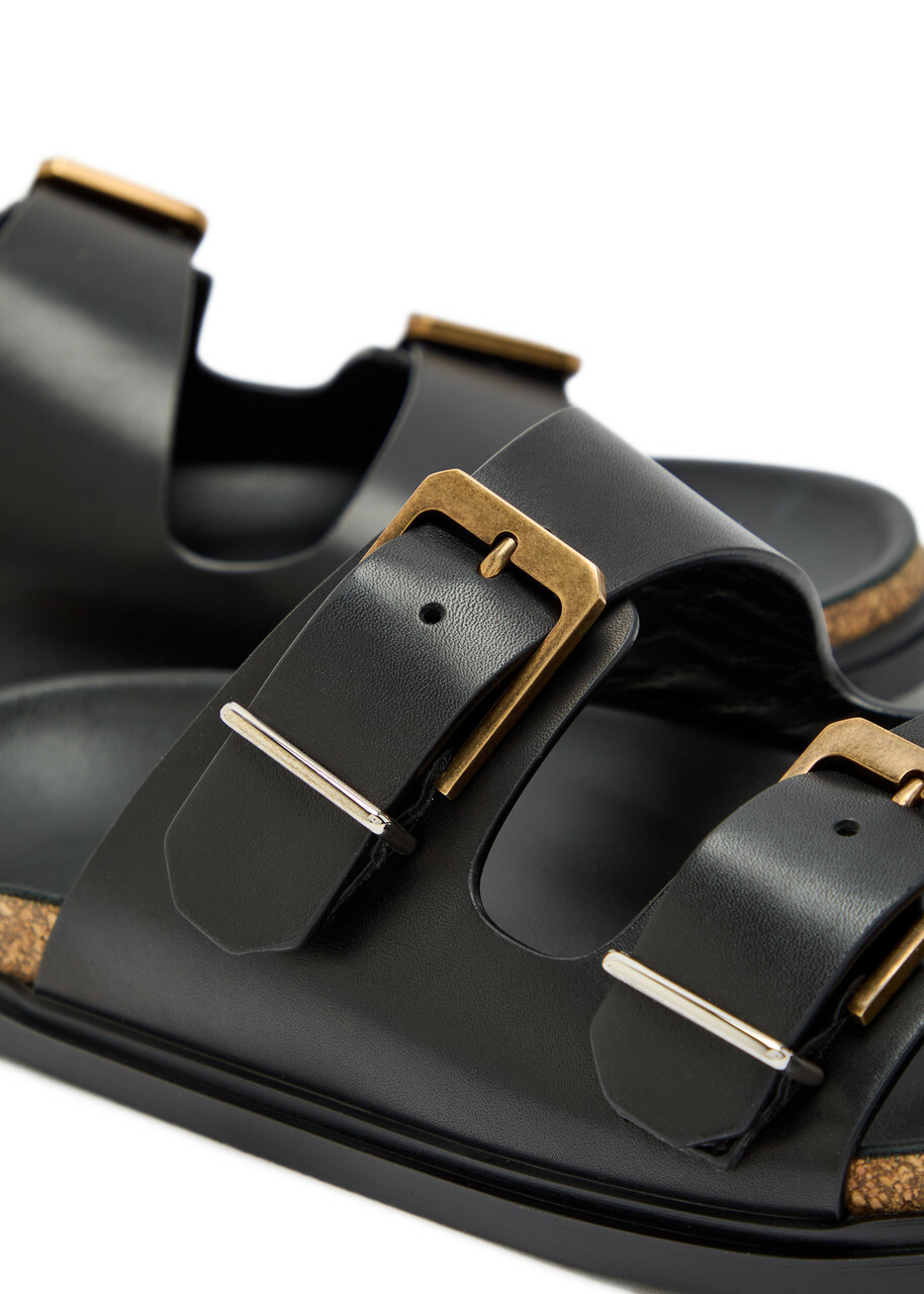 The Row Buckle Leather Slides Black