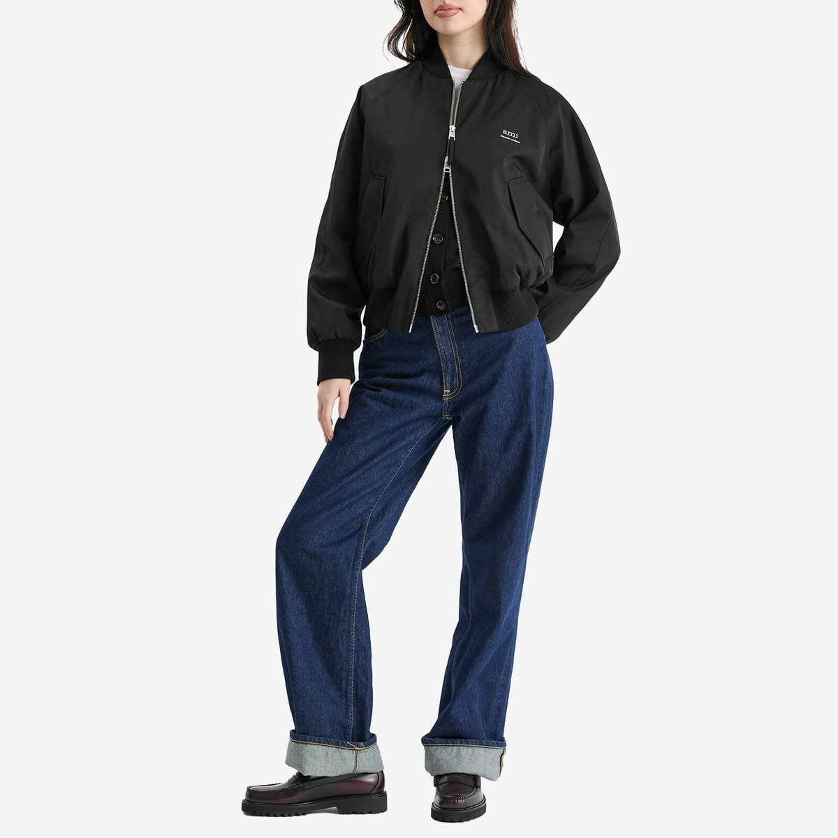 AMI Paris Women's Logo Bomber Jacket in Wool Gabardine Black