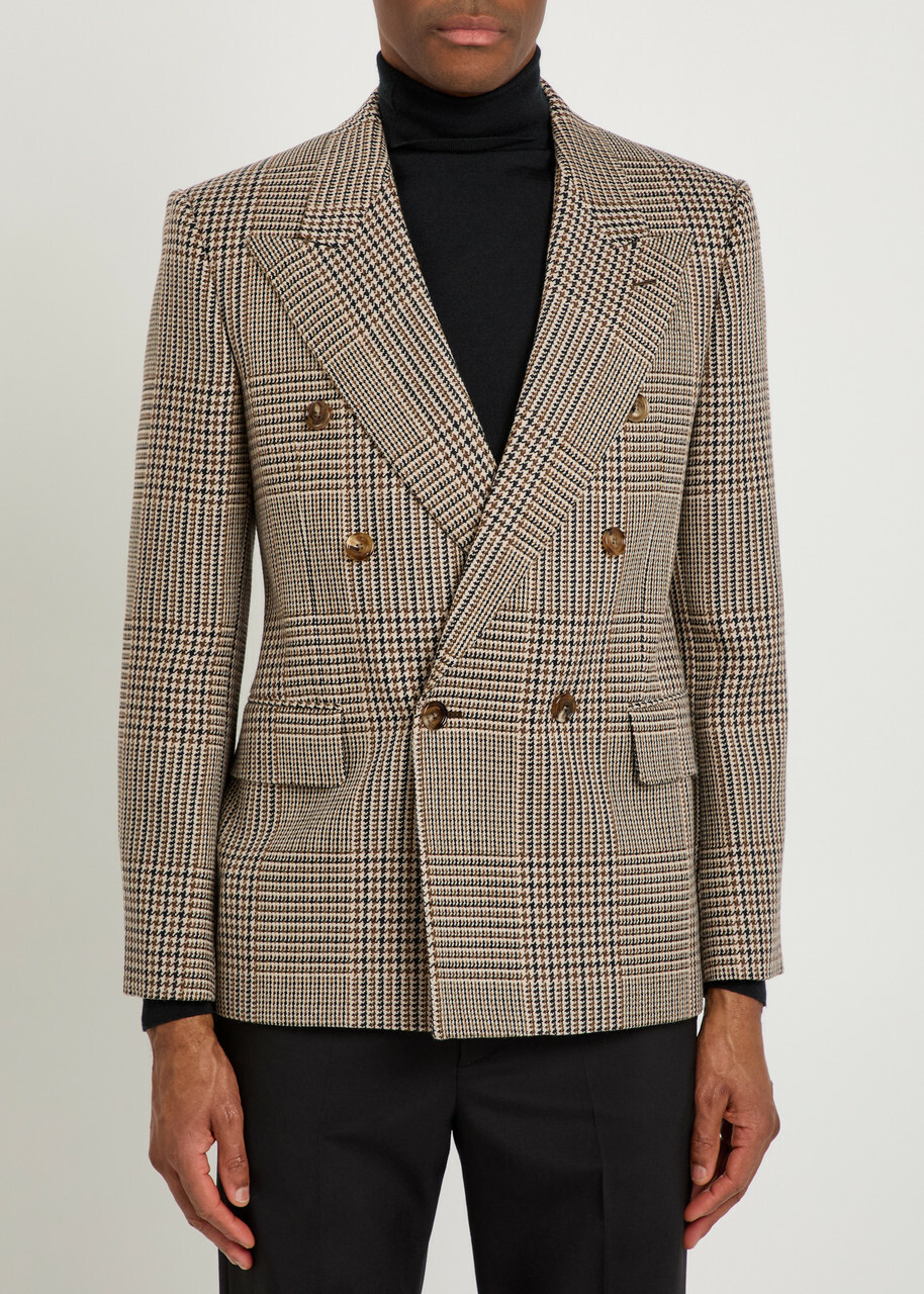 Valentino Garavani Houndstooth Double-breasted Wool Blazer Beige