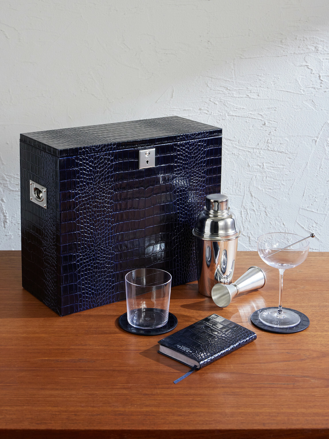 Smythson - Silver-Plated and Croc-Effect Leather Cocktail Set