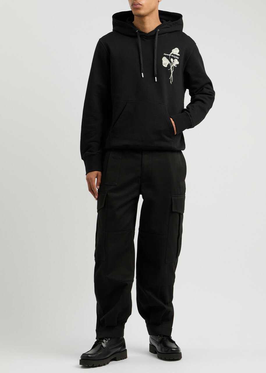 Alexander Mcqueen Floral-embroidered Hooded Cotton Sweatshirt Black