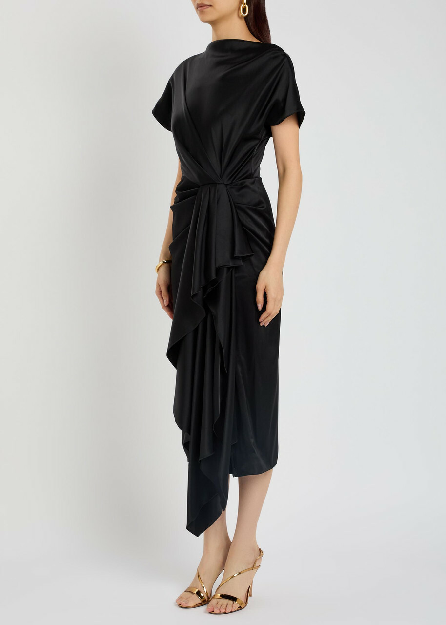 Roksanda Zoa Draped Asymmetric Satin Midi Dress Black