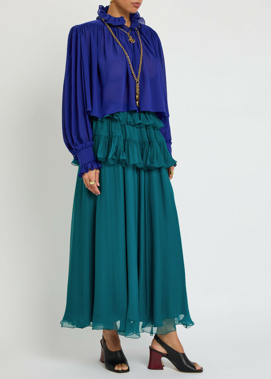 Chloe Ruffled Silk Maxi Skirt Teal