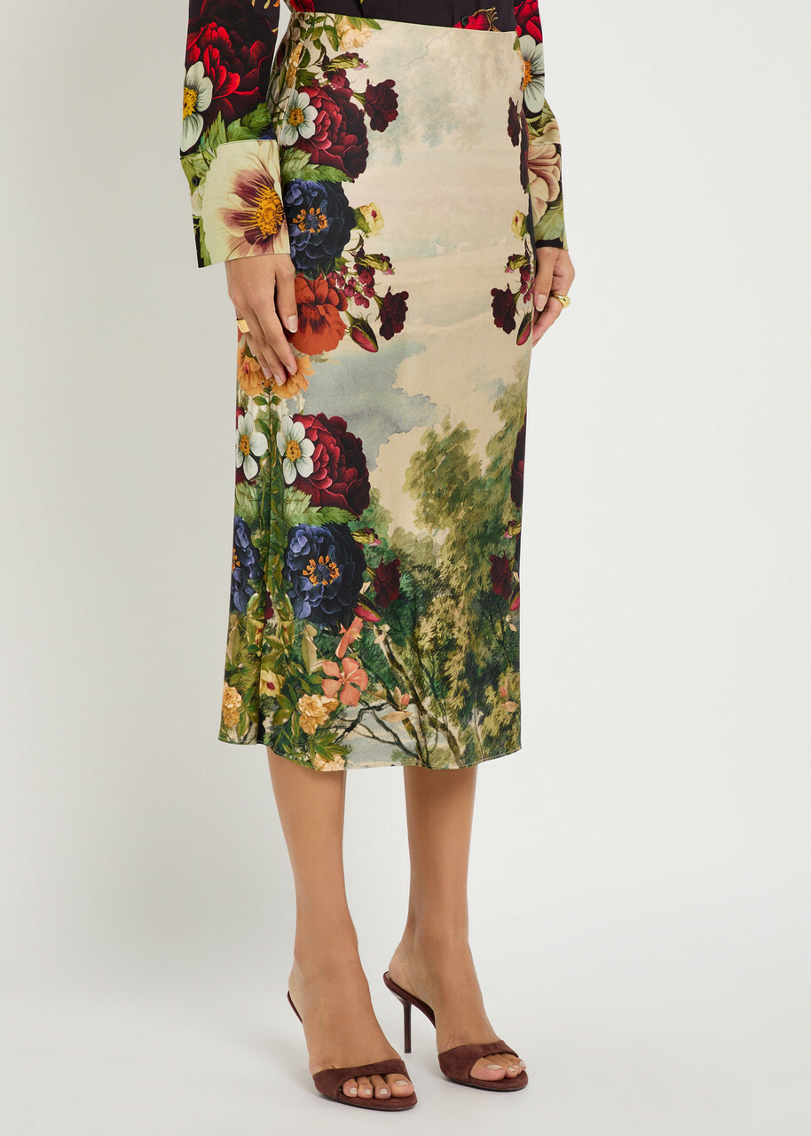 Alice + Olivia Maeve Floral-print Satin Midi Skirt Multicoloured
