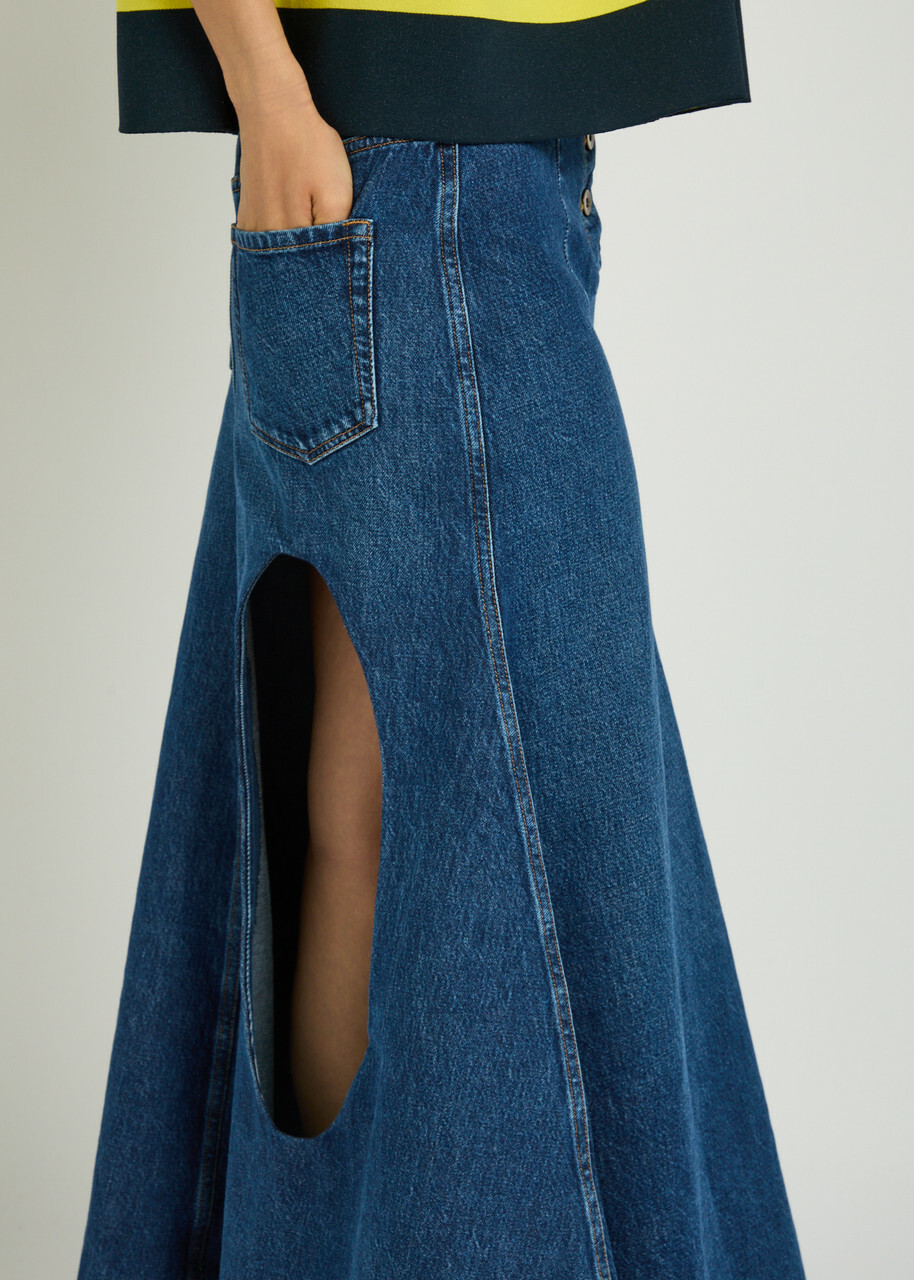 A.W.A.K.E Mode Cut-out Flared Denim Midi Skirt Blue
