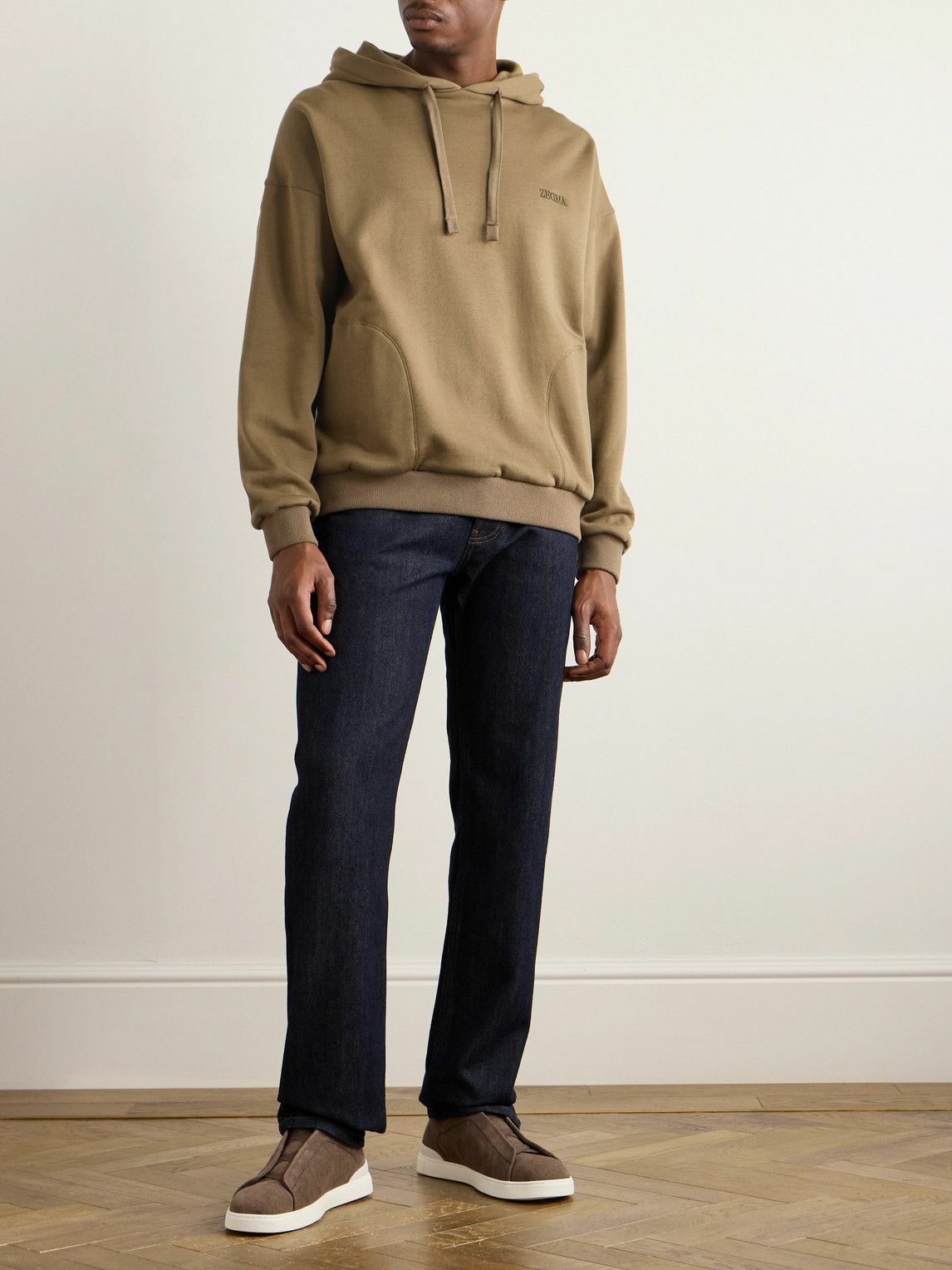Zegna - Logo-Embroidered Cotton-Blend Jersey Hoodie - Neutrals