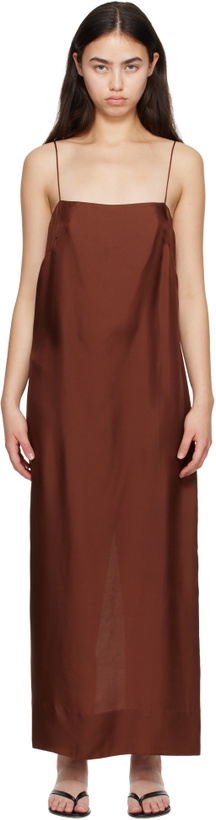 Photo: St. Agni Brown 90s Silk Twill Slip Midi Dress