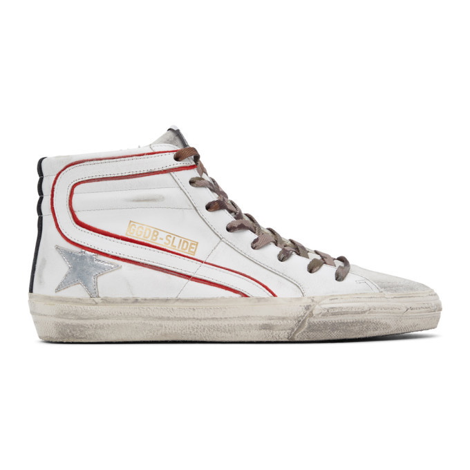 Photo: Golden Goose White and Red Slide High-Top Sneakers