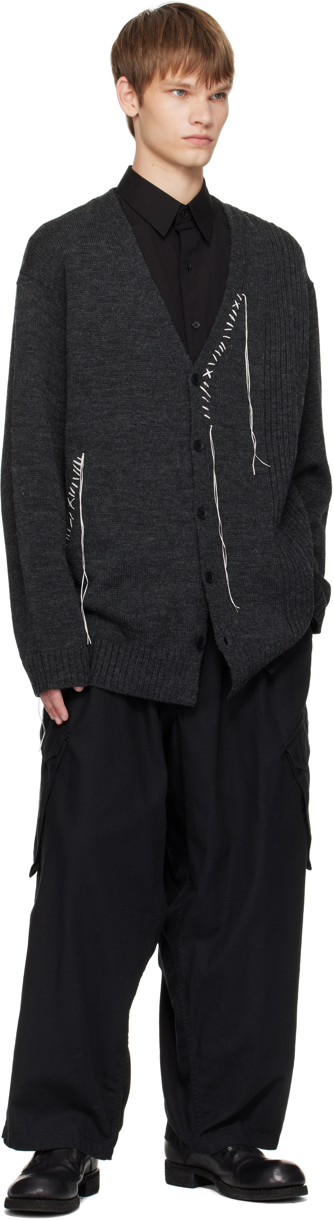 YOHJI YAMAMOTO Gray Plain Stitch Embroidery V Neck Cardigan