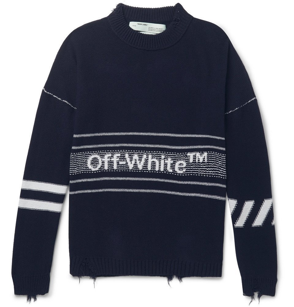 lokalisere Utilgængelig Troubled Off-White - Distressed Logo-Intarsia Wool Sweater - Men - Navy Off-White