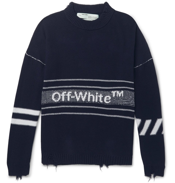 Photo: Off-White - Distressed Logo-Intarsia Wool Sweater - Men - Navy