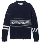 Off-White - Distressed Logo-Intarsia Wool Sweater - Men - Navy
