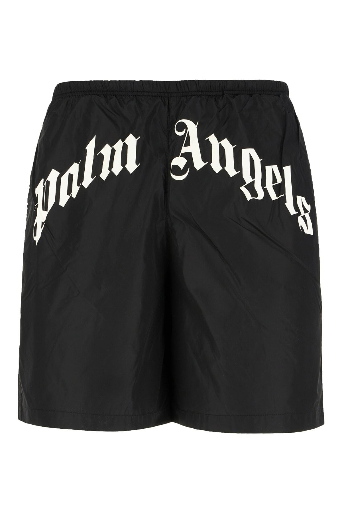 Palm Angels Khaki Curved Logo Swim Shorts Palm Angels