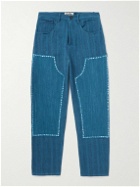 Karu Research - Straight-Leg Embellished Panelled Khadi Denim Trousers - Blue