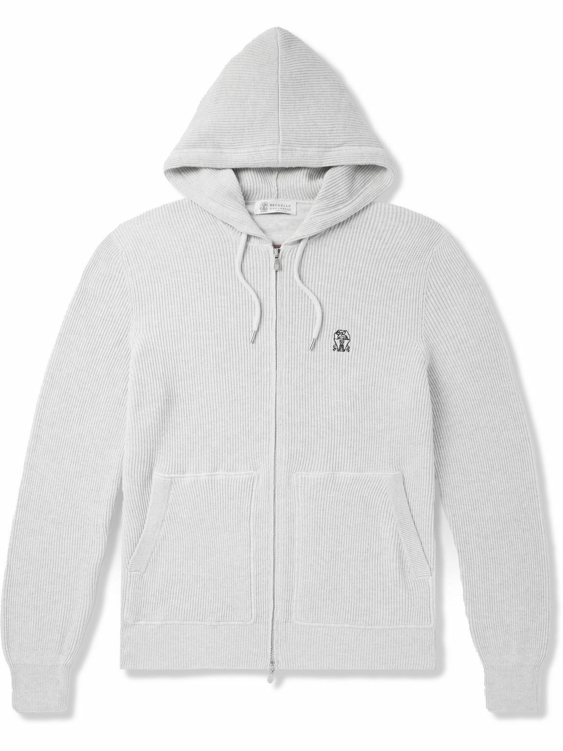 Brunello Cucinelli - Logo-Embroidered Ribbed Cotton Zip-Up Hoodie