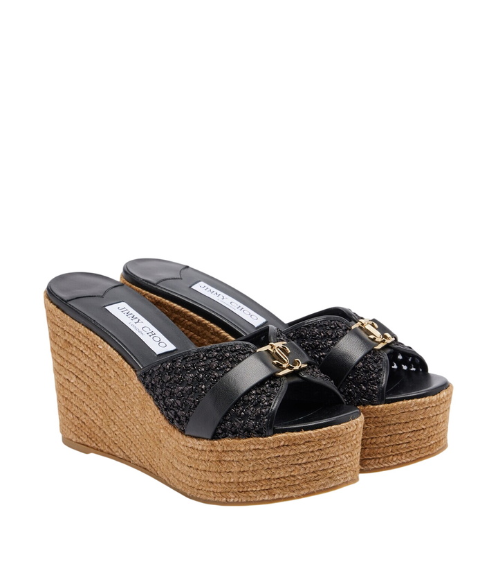 Photo: Jimmy Choo Leda leather-trimmed raffia wedge mules