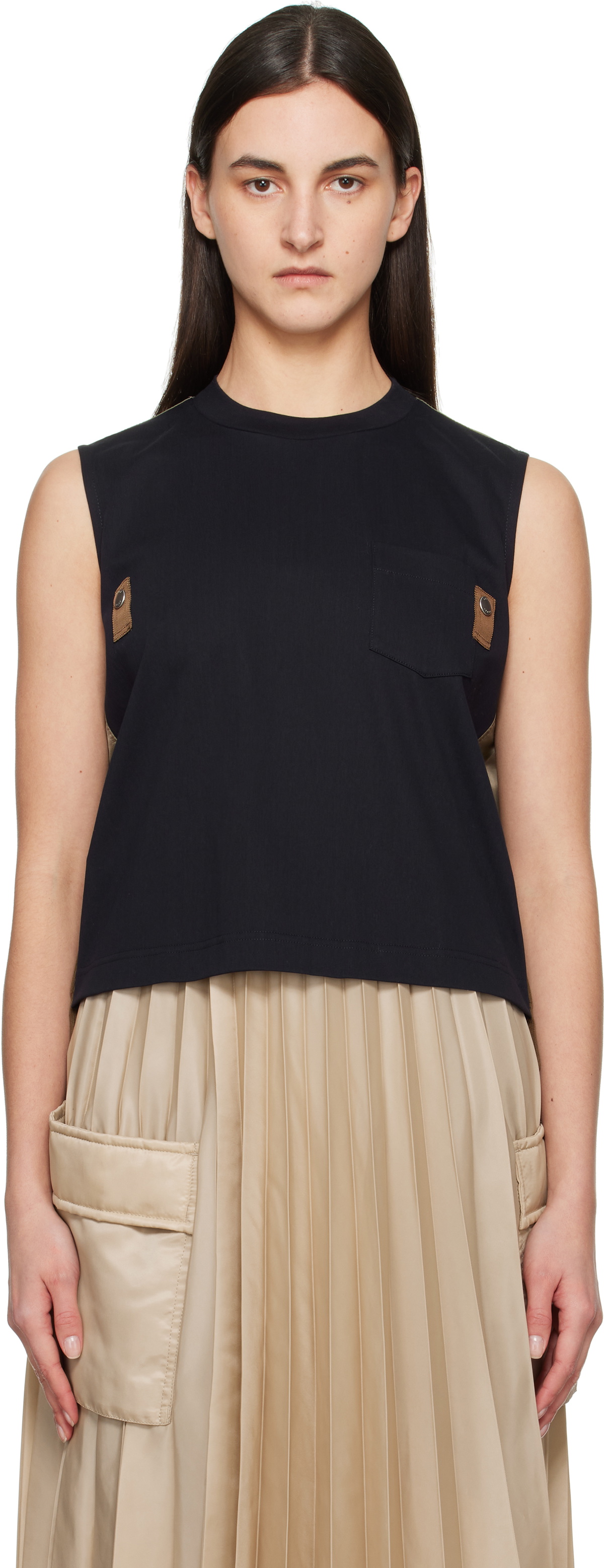 sacai Black Matelasse Twill Mix Pullover Tank Top Sacai