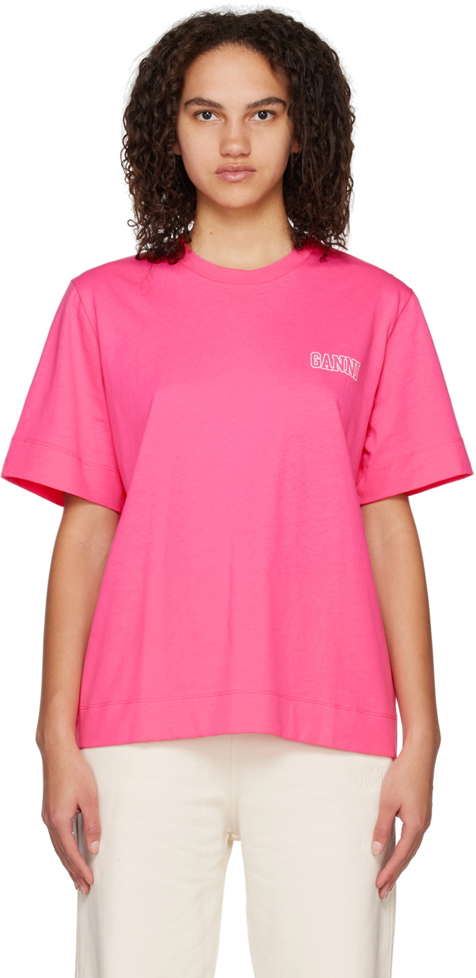GANNI Pink Crewneck T-Shirt GANNI