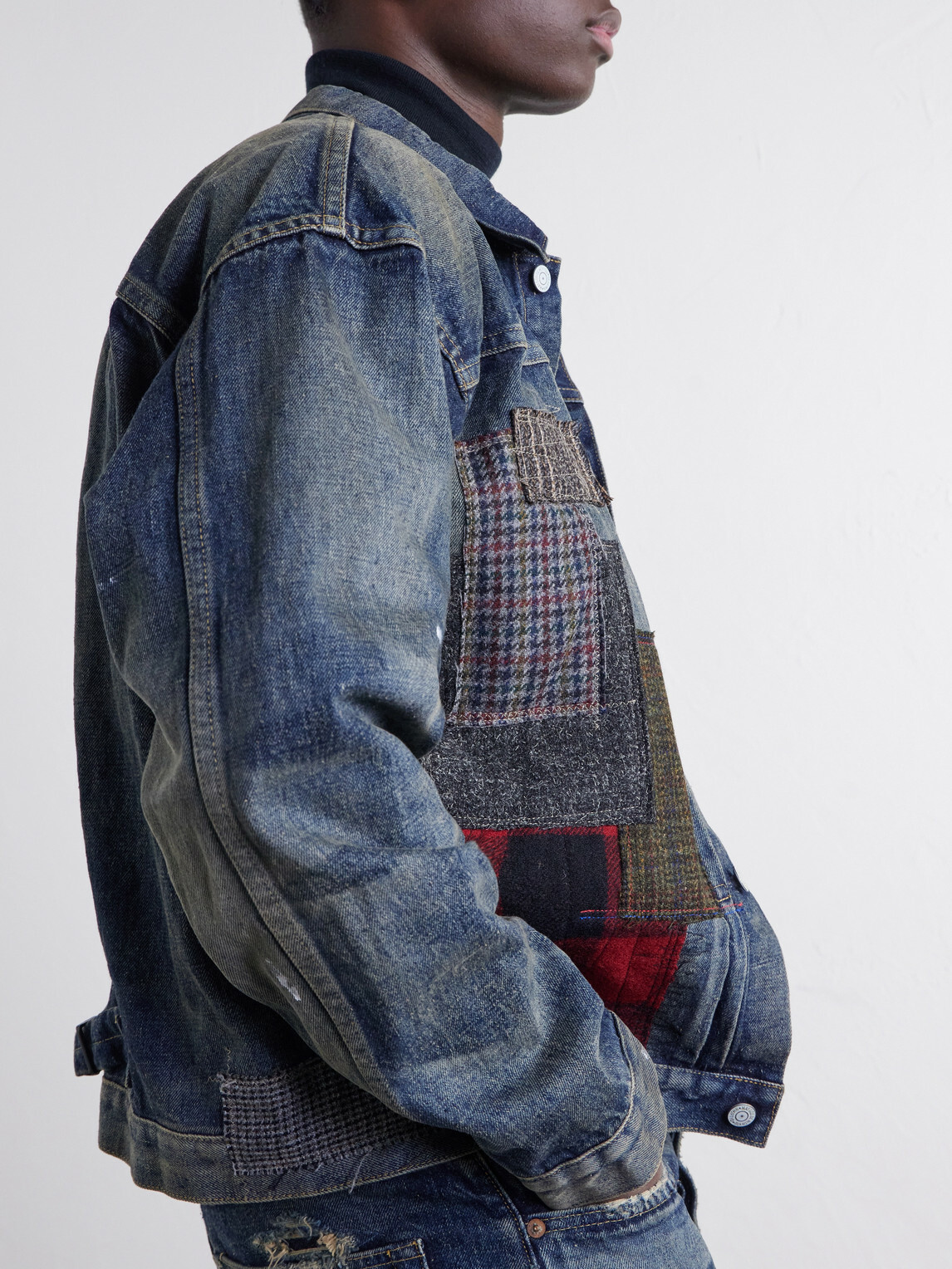 Junya Watanabe - Patchwork Distressed Paint-Splattered Denim Jacket - Blue