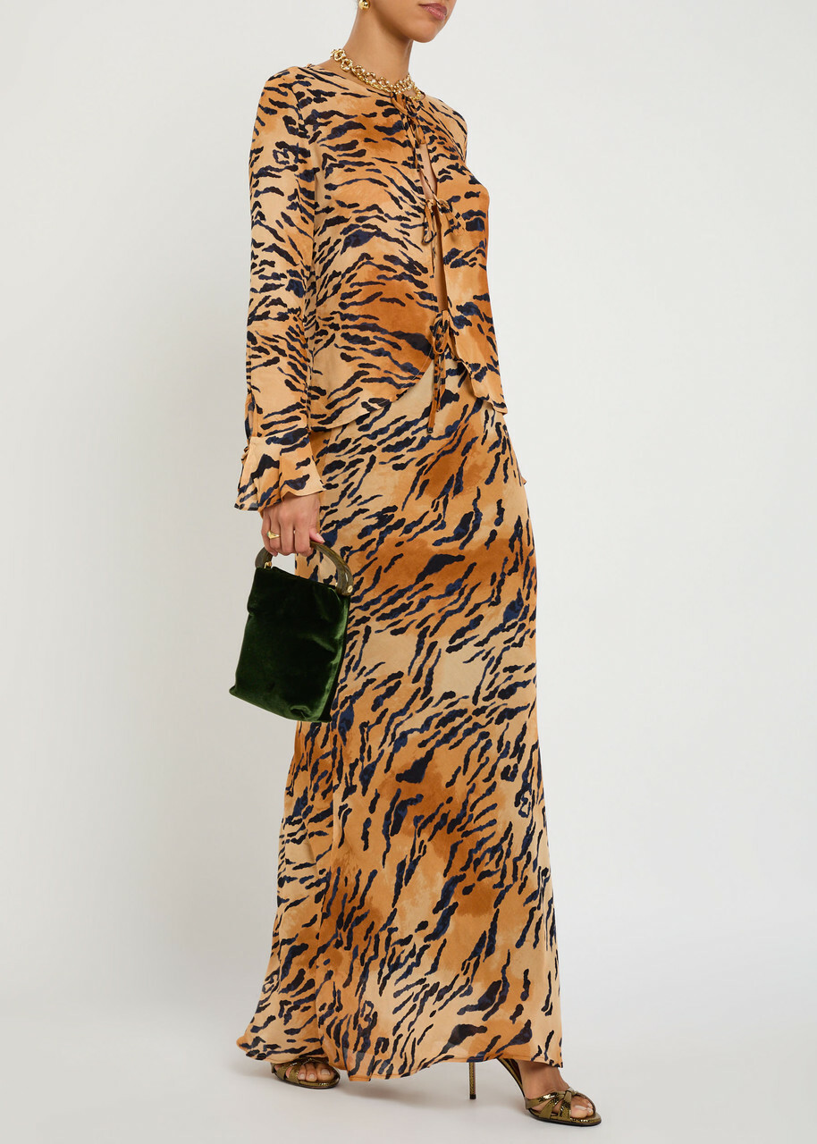 Never Fully Dressed Dorris Tiger-print Chiffon Maxi Skirt Brown