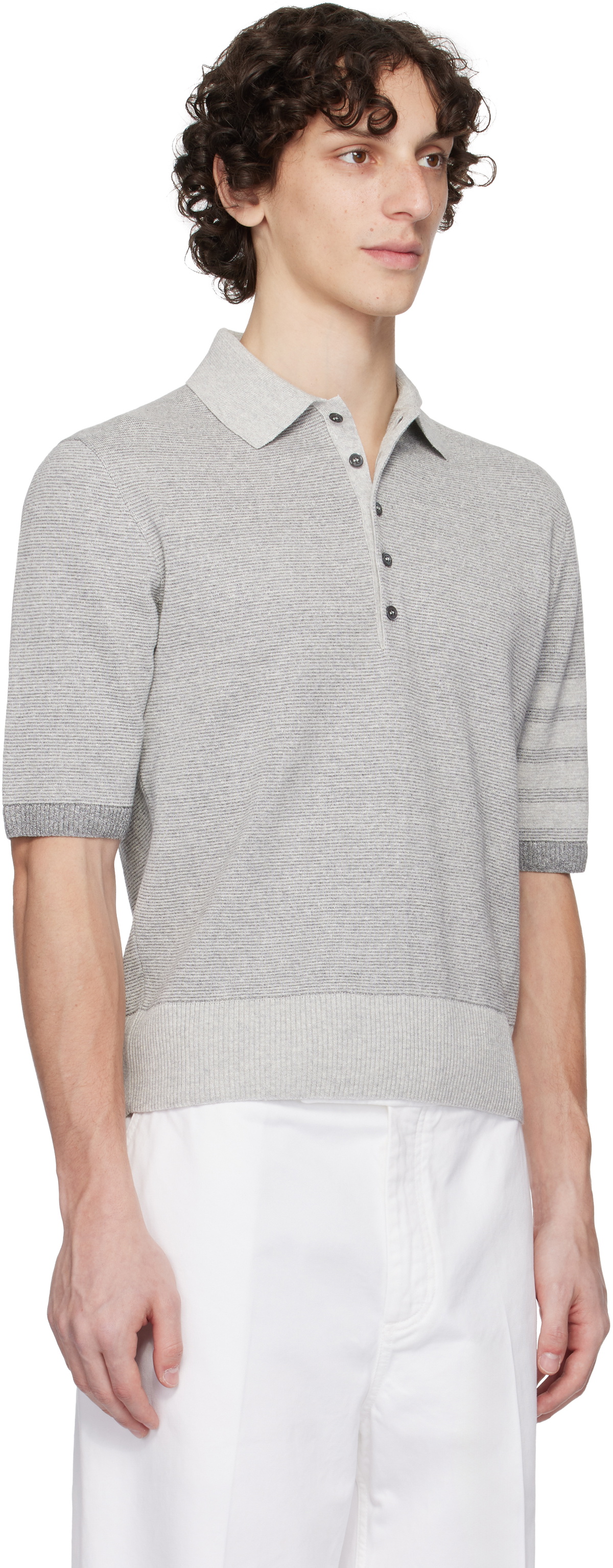 Thom Browne Gray Textured Striped Stitch 4-Bar Relaxed Polo Thom