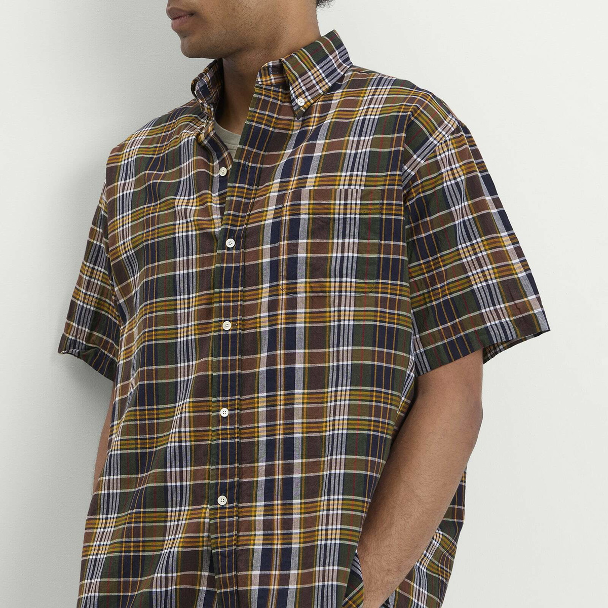 Beams Plus Men's Short Sleeve Button Down Madras Shirt in Brown