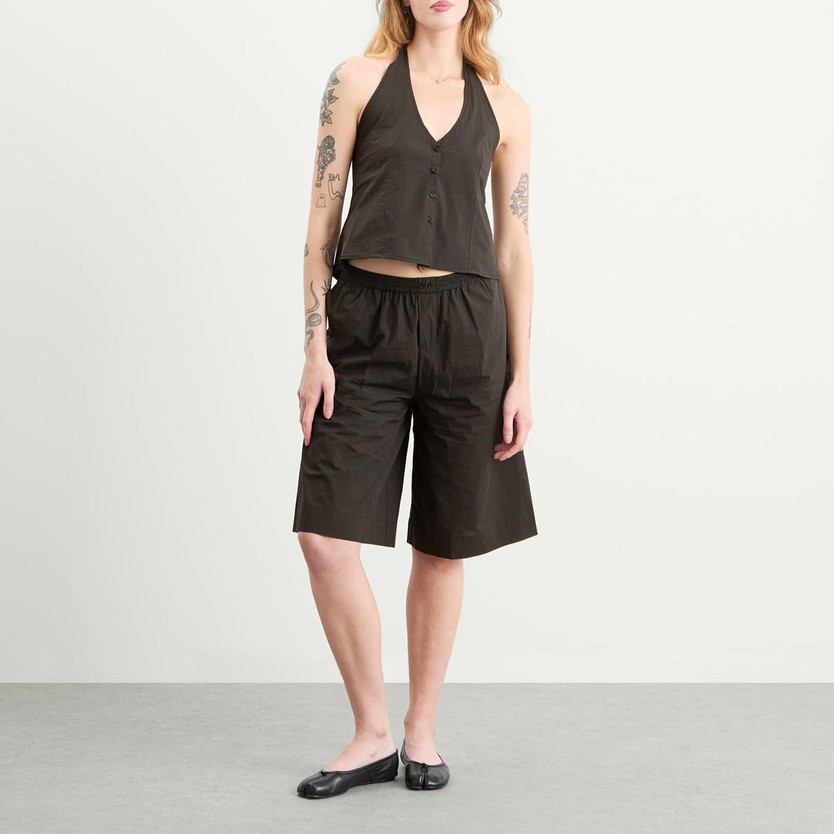 Deiji Studios Women's Waist Halter Top in Black Stripe