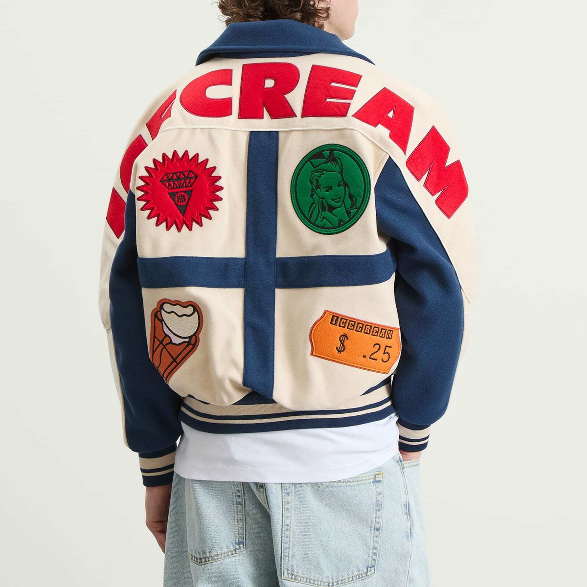 ICECREAM Men's Checkout Varsity Jacket in Ecru/Blue