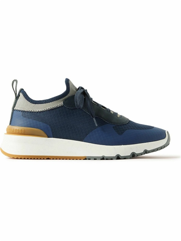 Photo: Brunello Cucinelli - Leather and Rubber-Trimmed Stretch-Knit Sneakers - Blue