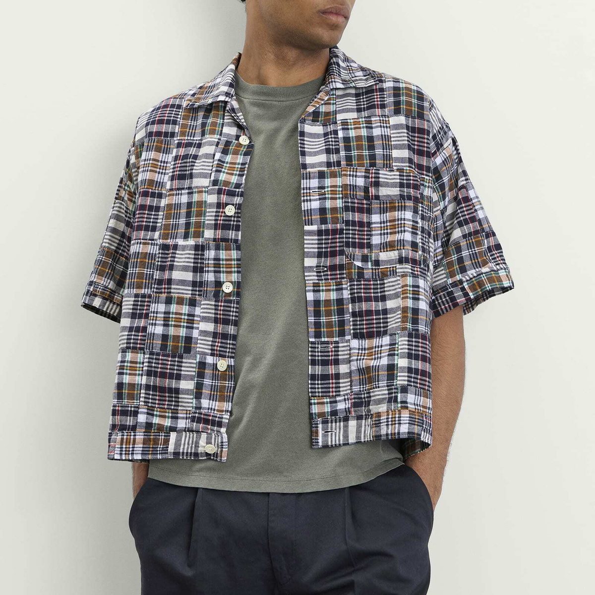 Beams Plus Men's Patchwork Madras Cabana Shirt in Navy