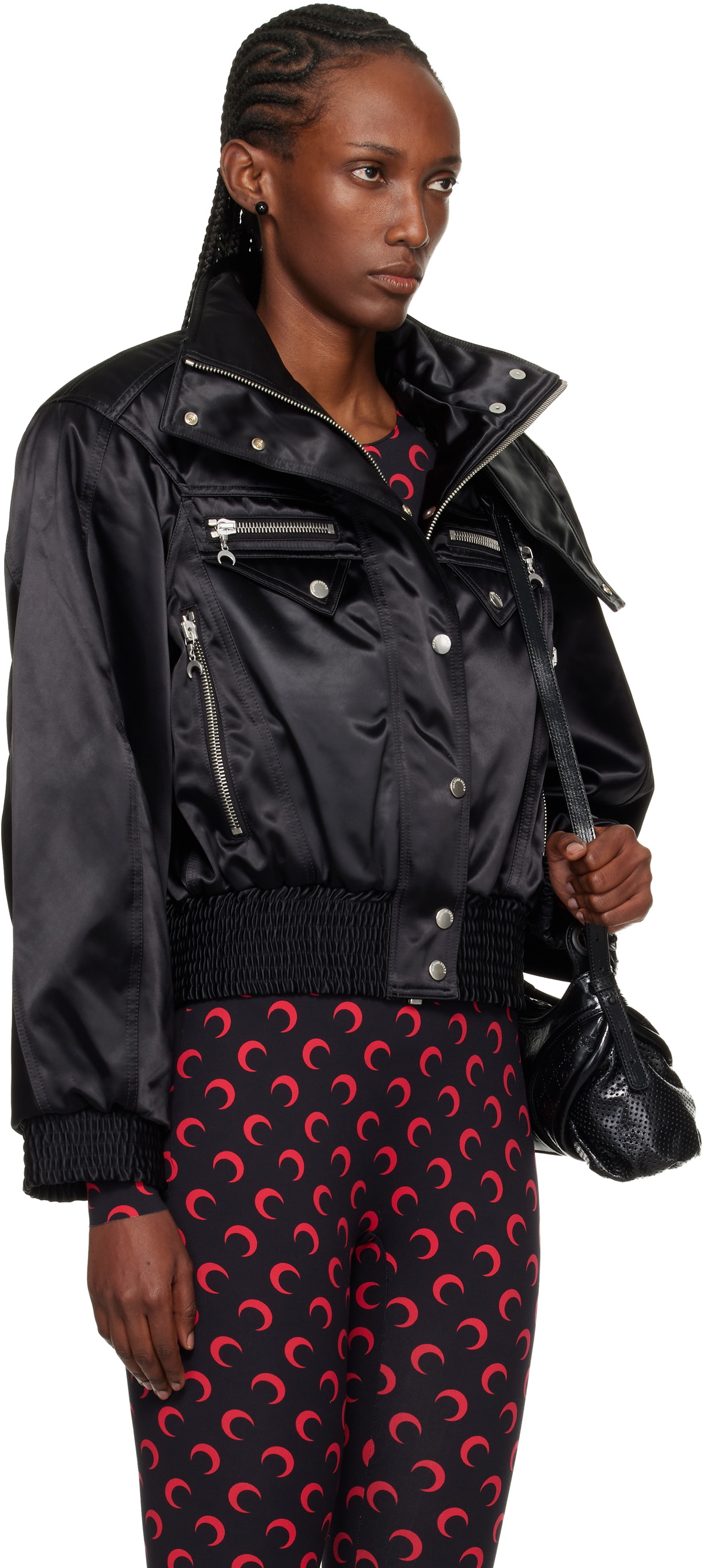 Marine Serre Black Satin Nylon Bomber Jacket