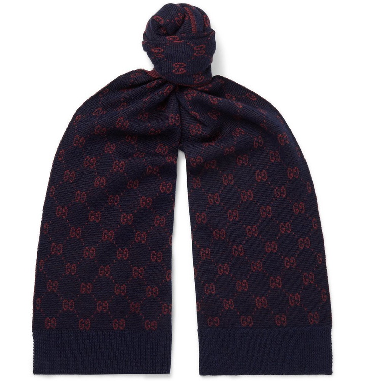 Photo: Gucci - Logo-Intarsia Alpaca and Wool-Blend Scarf - Navy