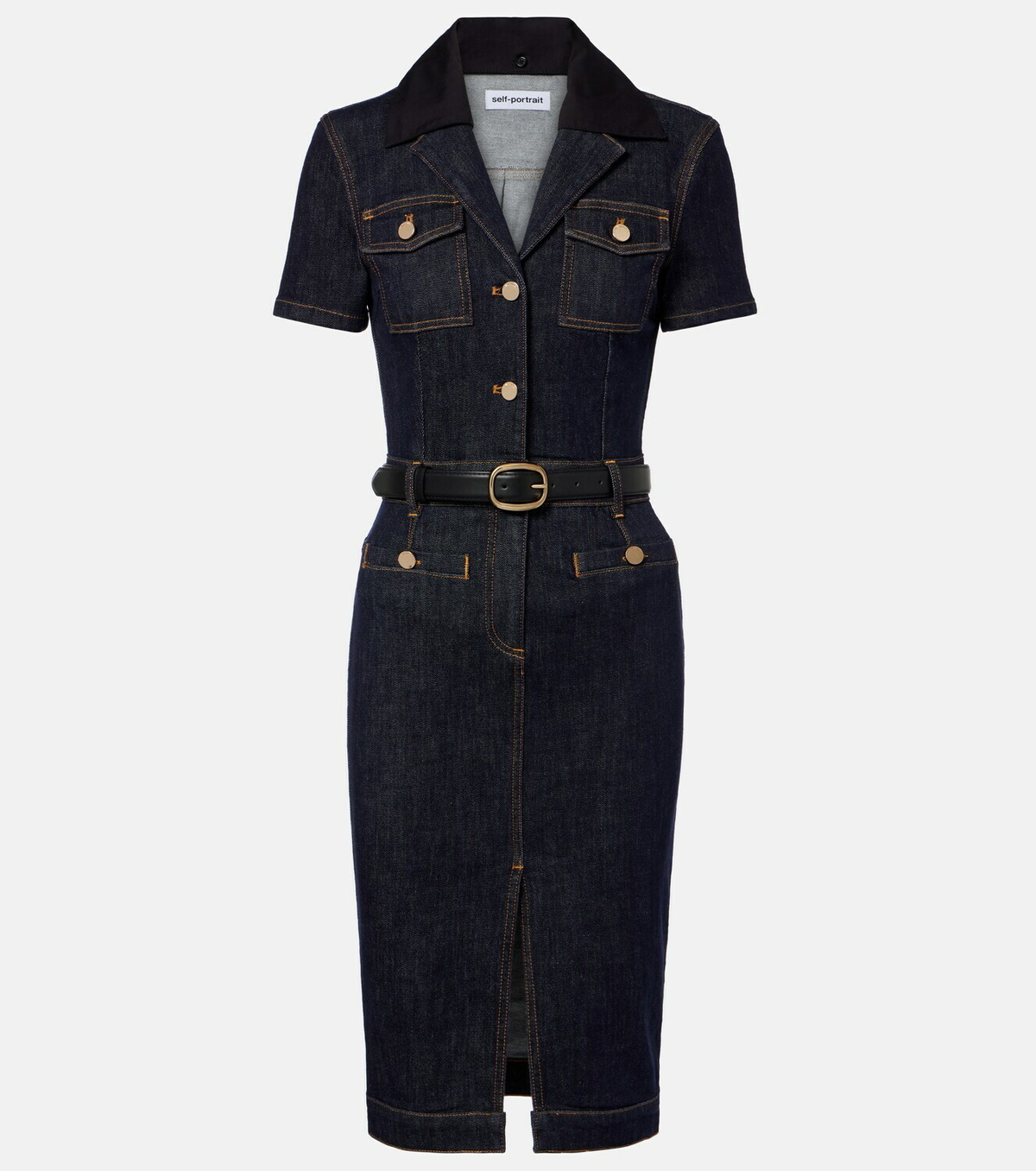 Self-Portrait Belted denim midi dress